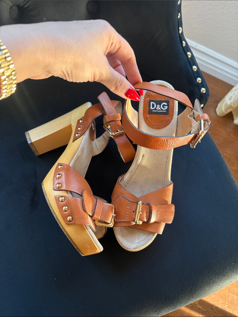 D&G Brown Leather Studded Block Heel Sandals